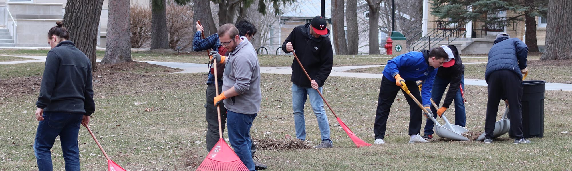 A group rakes and cleans leaves