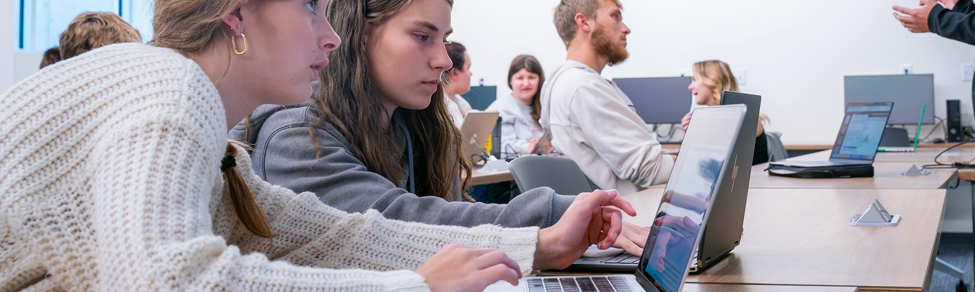 A group of students look on from a lecture on their computers