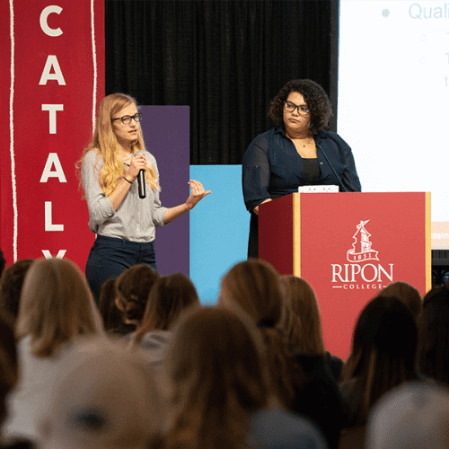 Two Ripon College students presenting at Catalyst Day, April 2019