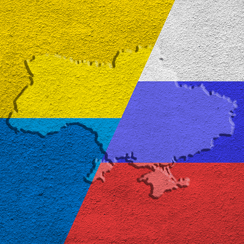 Graphic of Ukraine and Russian flags with outline of Ukraine superimposed