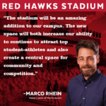 Image and quote from Marco Rhein, Ripon College head coach of men's soccer. "The stadium will be an amazing addition to our campus. The new space will both increase our ability to continue to attract top student-athletes and also create a central space for community and competition."