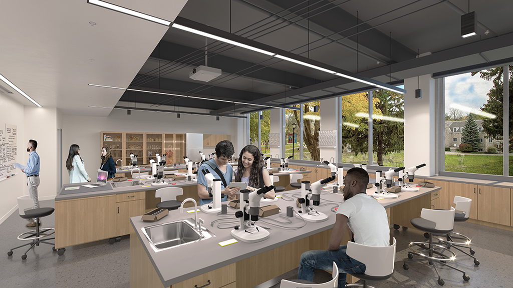 Rendering of the Franzen Science Center, interior view of a biology lab