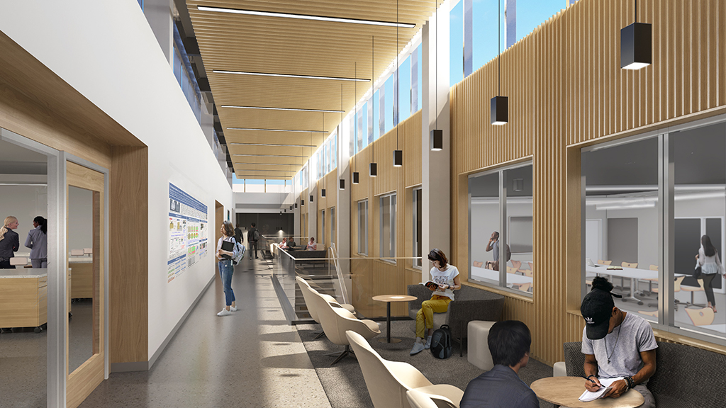 Rendering of the Franzen Science Center, interior view of a community space in the hallway
