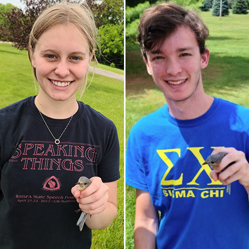 Natalie Davies ’23, left, and Zach Rowling ’24 with bluebirds