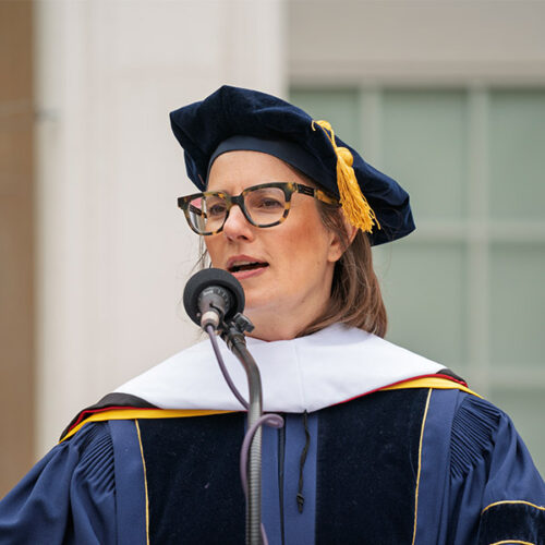 Betsy Kleba delivers a Commencement Speech outside of Great Hall