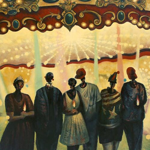 A beautiful painted image of couples in front of a brightly lit carousel.
