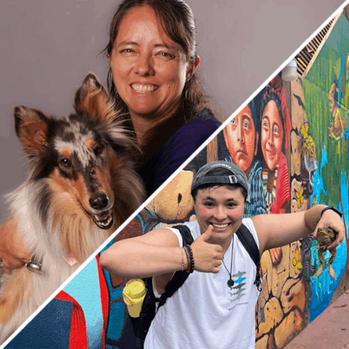 A photo Manor and their dog and Meyers in front of a colorful wall