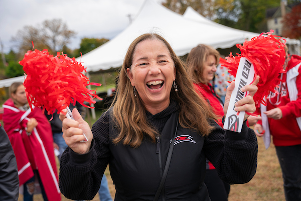 A Red Hawk Fan shows their swag at the Homecoming Tailgate