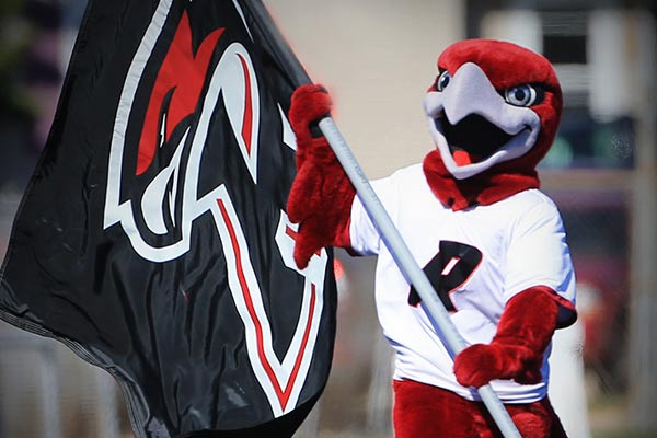 Rally the Red Hawk runs with a Ripon Athletics flag