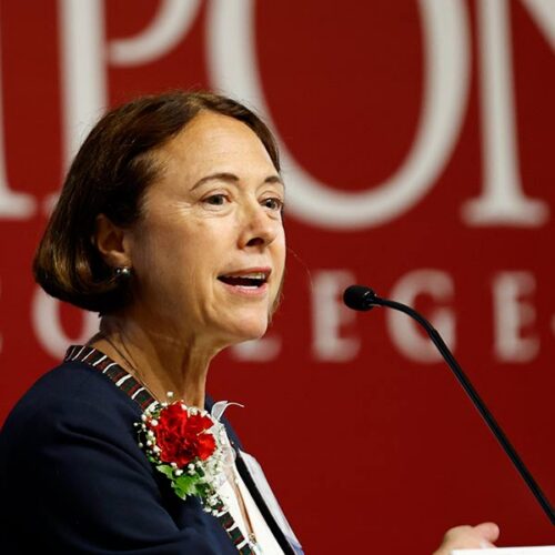 Susan Bundock delivers a speech at Ripon College
