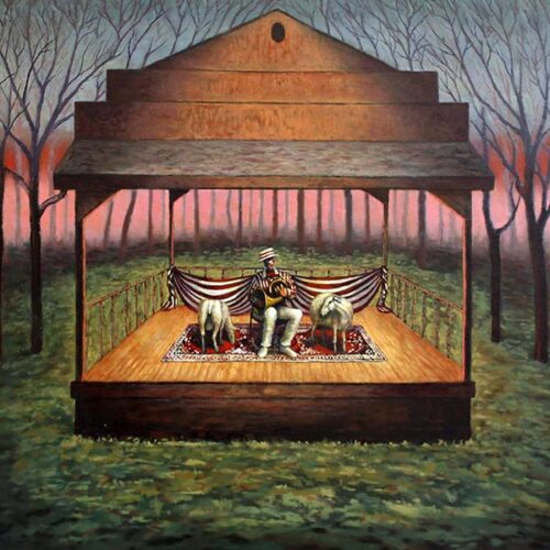 Sample work of a painting with a gazebo with a man playing a french horn surrounded by sheep