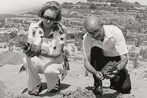 Two people plant trees in dirt.
