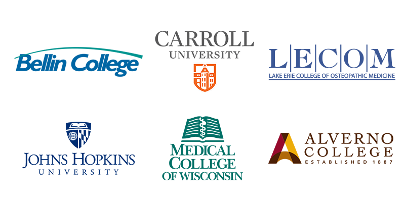 Logos for Bellin, Carrol, LECOM, Johns Hopkins, WCW and Alverno