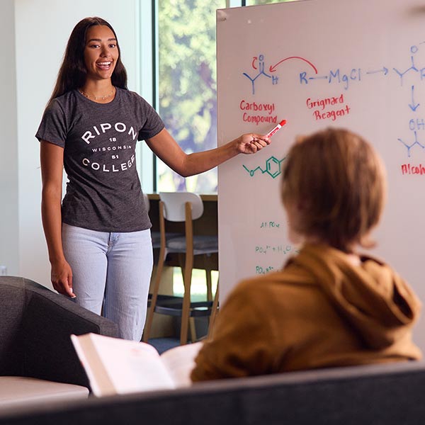 A student points to chemical compounds in the Franzen Science Center