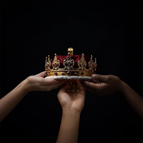 Three hands hold a crown