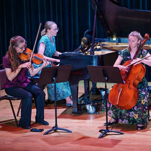 Three musicians play Piano, cello and violin